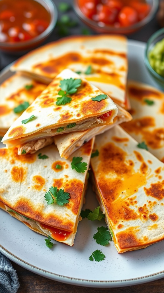 Crispy chicken quesadilla sliced into wedges, with salsa and guacamole on the side.